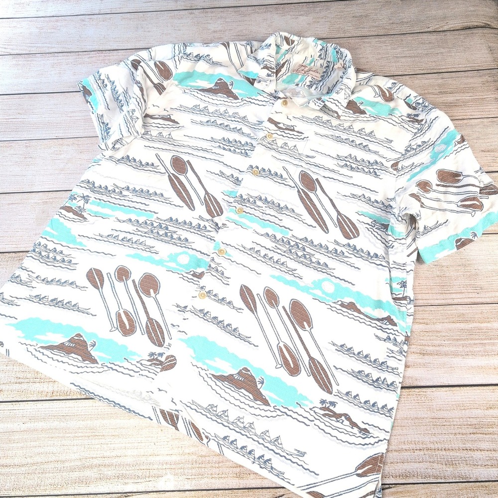 Kahala Mens XL Short Sleeve Hawaiian Aloha Shirt Outrigger Canoe Paddle White